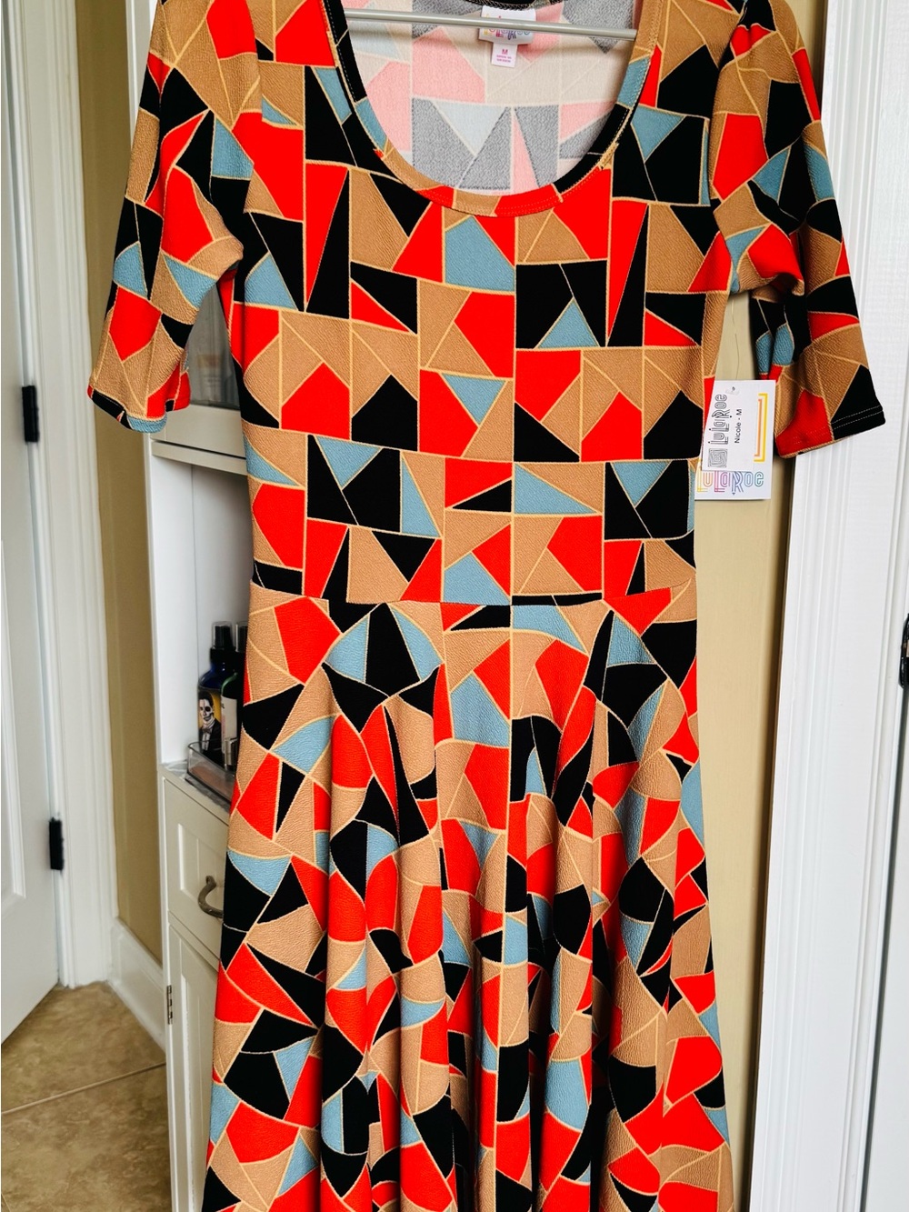 Geometric Fit & Flare Dress in Orange, Black, Tan & Blue